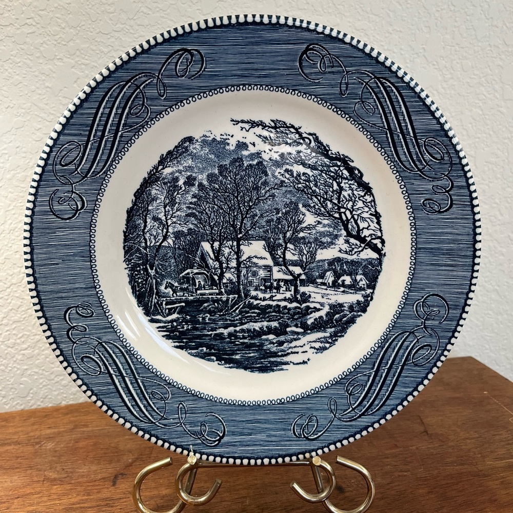 Vintage Currier & Ives ironstone delft blue plate